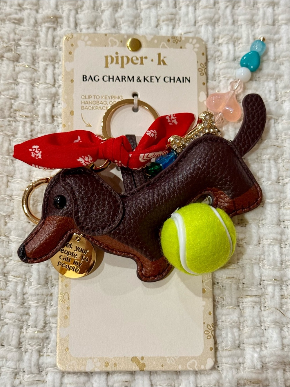 Piper K 🐾💙Brown Dachshund Keychain with Yellow Tennis Ball and Red Bandana NWT